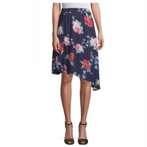 Red+Olive Skirt Women's Asymmetrical Hem Rose Print Buttoned Knee Length Navy